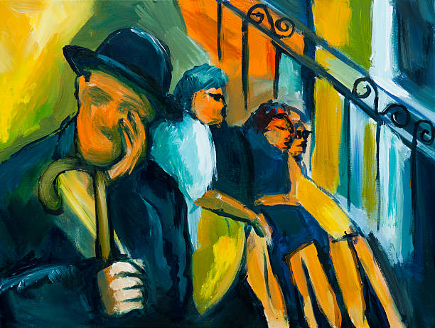 People sitting on stairs expressionism stock illustrations