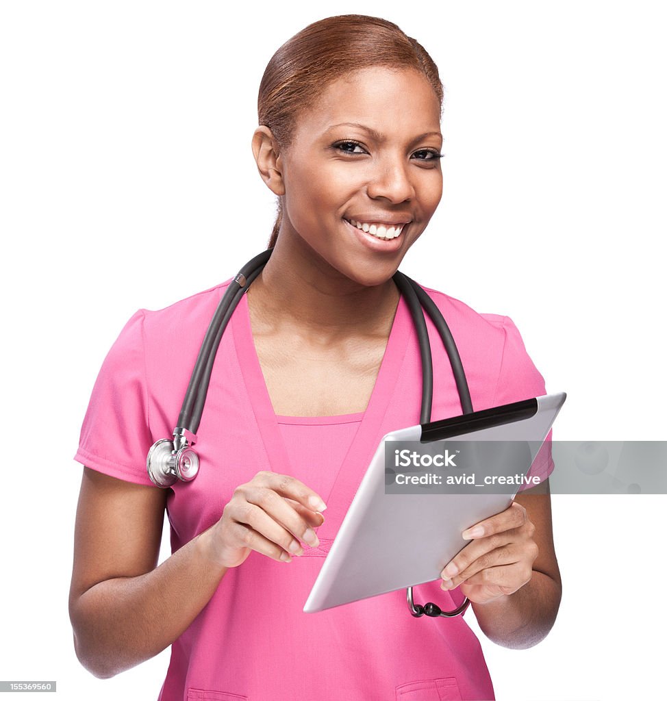 Feliz enfermeira com Tablet computador - Foto de stock de Rosa - Cor royalty-free