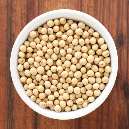 Top view of white bowl full of soybeans