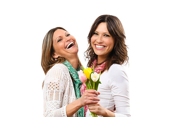 portret dwóch szczęśliwy kobiet - bouquet mothers day tulip flower zdjęcia i obrazy z banku zdjęć