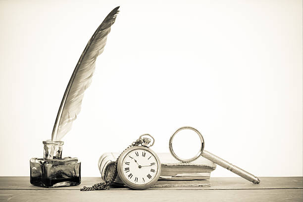 istock Pocket watch, quill, inkwell, book, magnifying glass 155370187
