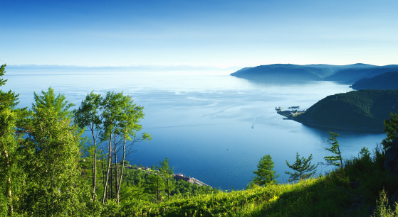A panoramic view of Lake Baikal with trees, water and sky.  The top one-third of the photo is blue sky that is darkest at the top and gets lighter, almost white, as it meets the lake.  The lake makes up the middle one-third of the photo.  The water is dark blue with a bright white reflection near the middle of the image.  The bottom one-third of the image is made up of vegetation.  There are taller trees near the left side of the image, and there is grass in the foreground.  There are a few land formations on the right side of the image.