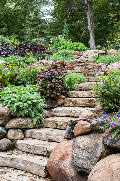 自然石の風景 - patio stone footpath formal garden ストックフォトと画像