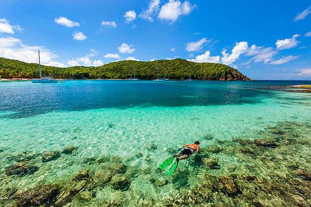 Salt Whistle Bay, Mayreau Man snorkeling in the clear waters of Salt Whistle Bay, one of the most famous and photographed spots of the Grenadines. It is located on Mayreau Island, one of the smaller Grenadines, and lies north-west of the famous Tobago Cays. St. Vincent and the Grenadines.  saint vincent and the grenadines stock pictures, royalty-free photos & images