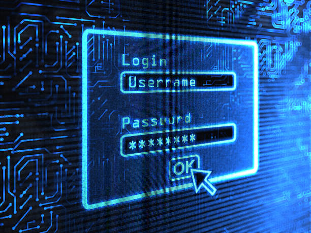 A login and password box on a blue computer screen stock photo
