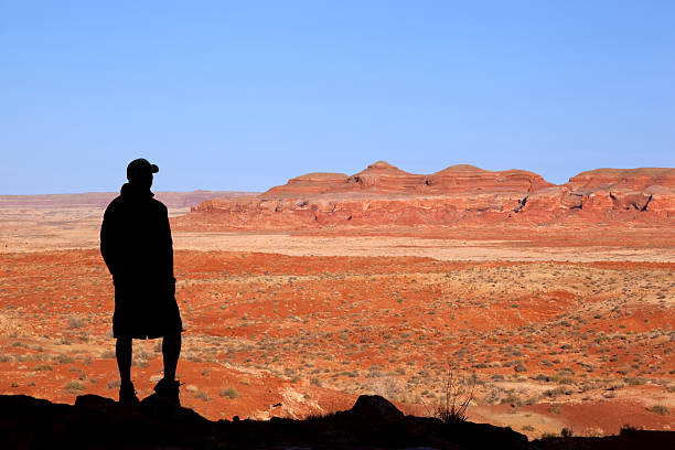 badlands silhouette uomo paesaggio - sonoran desert desert badlands mesa foto e immagini stock