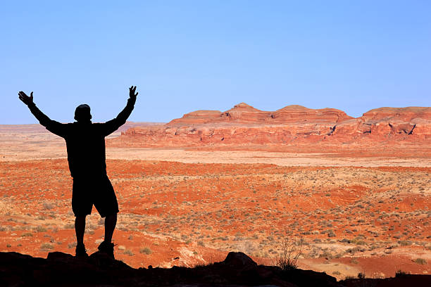 silhouette uomo paesaggio del deserto - sonoran desert desert badlands mesa foto e immagini stock