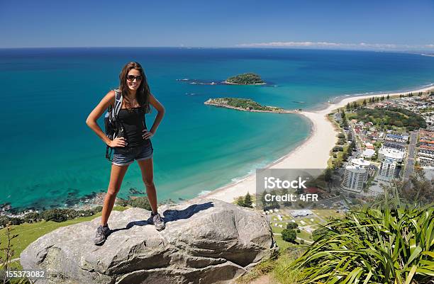 Tourist Hiker Overlooking Mt Maunganui Bay Of Plenty New Zealand Stock Photo - Download Image Now