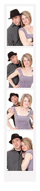Couple in Photo Booth A couple striking poses in a photo booth photograph. cute id pictures stock pictures, royalty-free photos & images