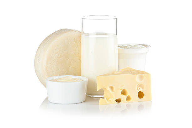 istock Dairy products shot on reflective white background 155373463