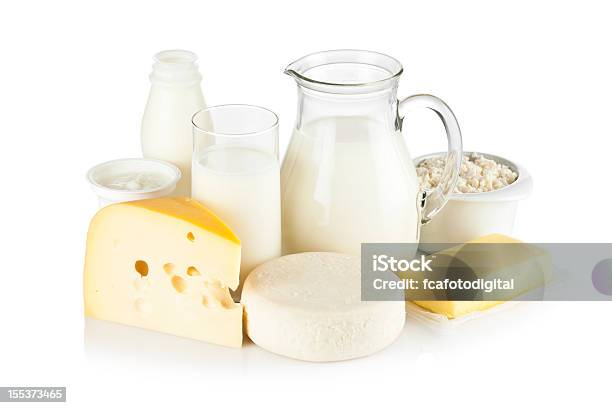 Foto de Tipos Mais Comuns De Produtos Lácteos No Fundo Branco e mais fotos de stock de Laticínio