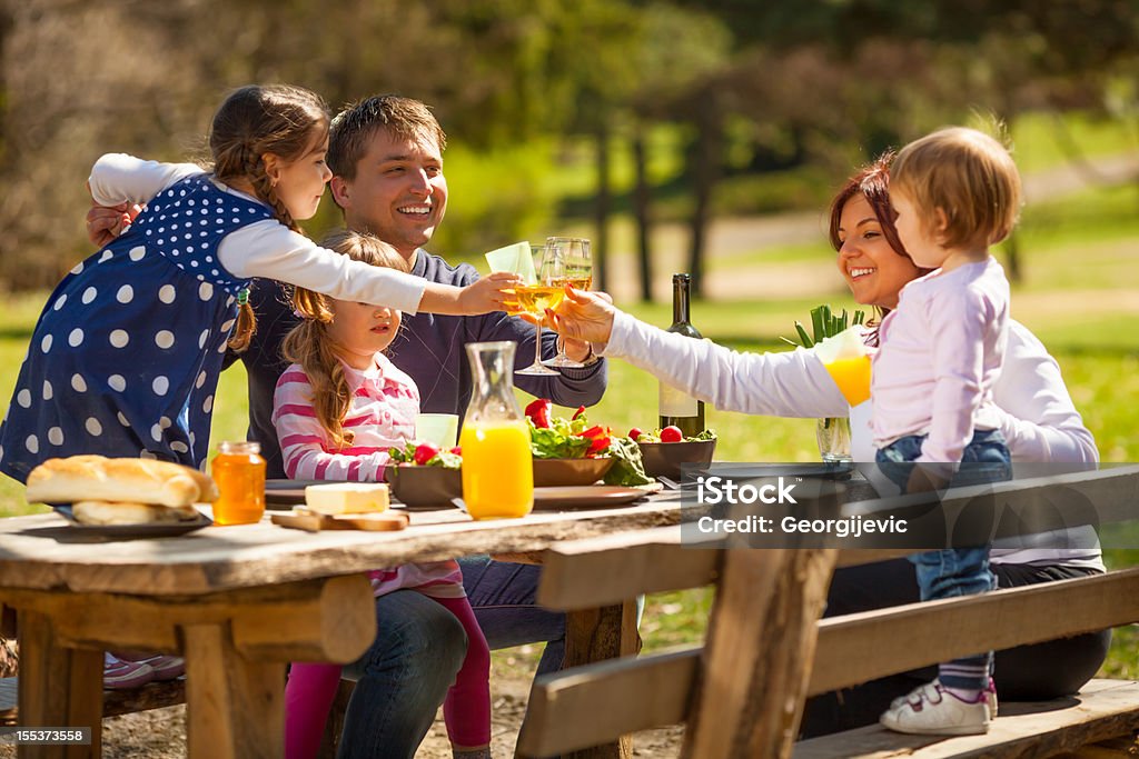 Happy family Five members happy family having lunch in the nature. There is mother, father and three daughters. They are toasting on the image. Bench Stock Photo