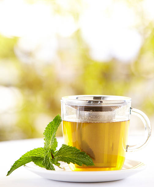 istock Green tea with a mint leaf outdoors 155373559