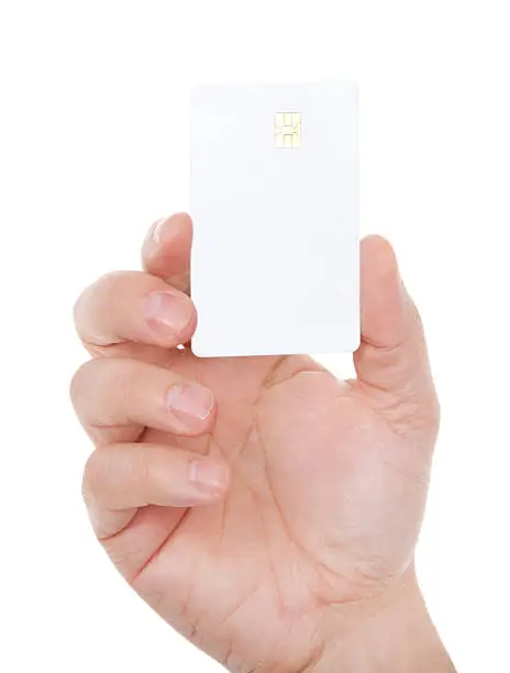 Photo of Blank card in male hand on white