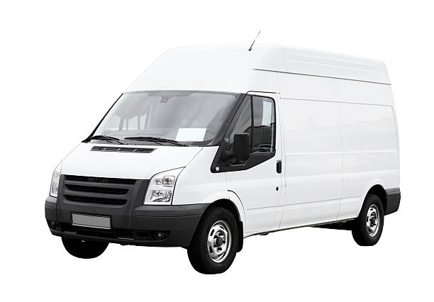 White delivery van with clean blank side isolated Isolated white delivery van with clean, blank sides ready for branding. more service vehicles, and cars in my portfolio mini van stock pictures, royalty-free photos & images