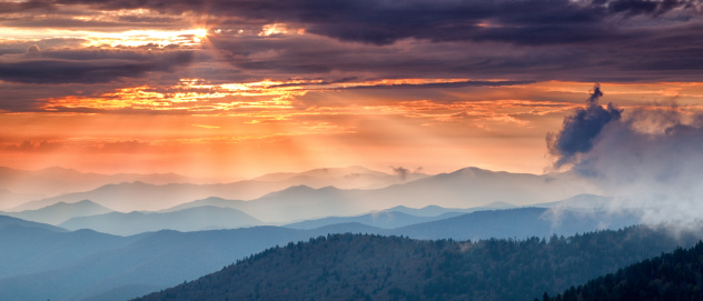 Suns rays through storm clouds , Appalachian mountains  