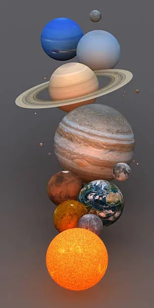 3D rendering of Solar System. Most textures collected from NASA.

From bottom to top : 
Sun, Mercury, Venus, 
Earth and its moon(Lunar), 
Mars,
Jupiter and its moons(Io, Callisto, Ganymede, Europa), 
Saturn and its moons(Mimas, Dione, Titan, Enceladus, Iapetus, Rhea, Tethys), 
Uranus, Neptune, Pluto.

The scale of planets are not absolutely accurate.

Similar file:
[url=http://www.istockphoto.com/photo/solar-system-19723522][img]http://i.istockimg.com/file_thumbview_approve/19723522/1/stock-photo-19723522-solar-system.jpg[/img][/url] [url=http://www.istockphoto.com/photo/solar-system-19723823][img]http://i.istockimg.com/file_thumbview_approve/19723823/1/stock-photo-19723823-solar-system.jpg[/img][/url]