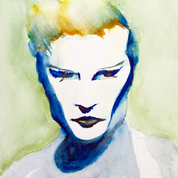 A watercolor painting of a face with hard old Hollywood type lighting technique.