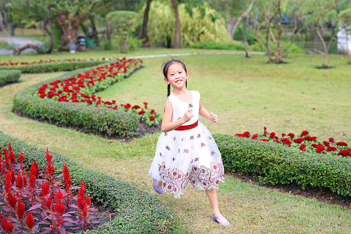 Happy Asian little girl in white dress running and having fun in the flower garden.
