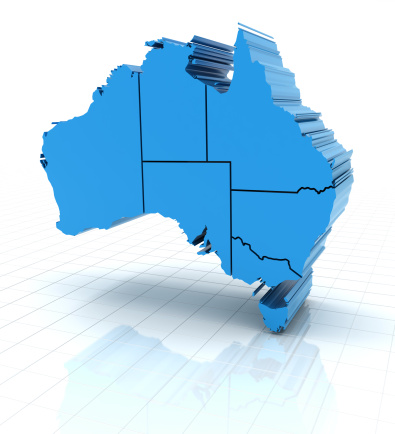 3d render of extruded Australia map with state borders, accurate clipping path included