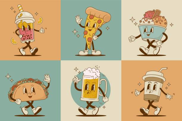 набор забавных персонажей ретро-мультфильма. пицца, пиво, капучино, тако, пузырьковый чай, талисман мороженого - pattern design sign cafe stock illustrations