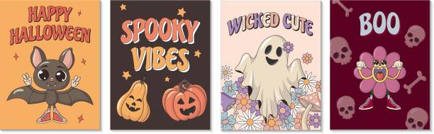 ilustrações de stock, clip art, desenhos animados e ícones de vintage groovy halloween posters with pumpkins, bat, ghost, mushrooms, flowers and skull. vector illustations in psychedelic hippie 70s style for greeting cards. - holiday autumn season halloween