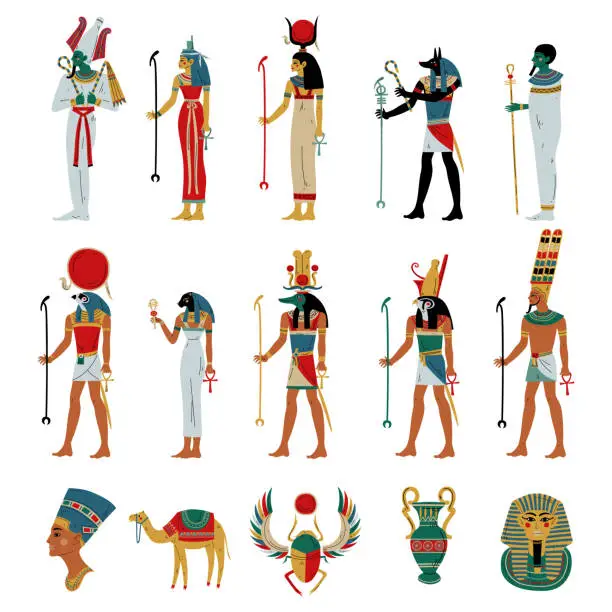 Vector illustration of Set of Egyptian gods and goddesses. Osiris, Horus, Ra, Hathor, Ptah, Sekhmet, Maat ancient Egyptian deities vector illustration