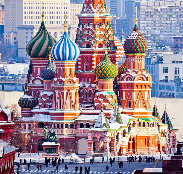 St.Basil Cathedral at Red Square in winter Moscow. View from top of the Ritz-Carlton hotel.