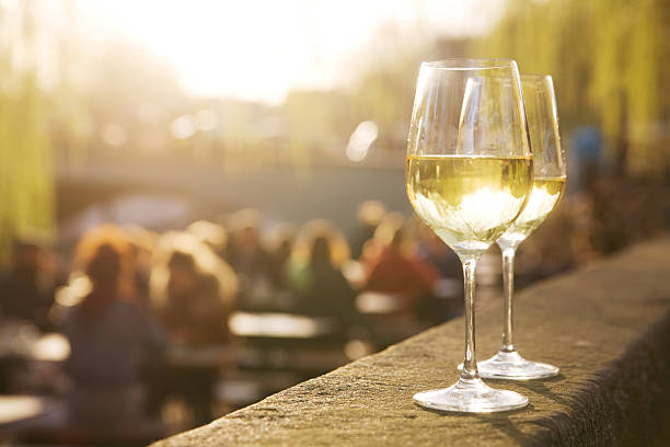 Two glasses of white wine on sunset Two glasses of chardonnay on a sunlit cafe terrace, sunset light shining through the liquid. chardonnay grape stock pictures, royalty-free photos & images