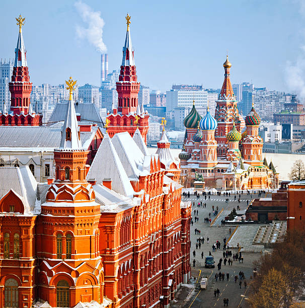 Heart of Moscow Historical Museum, St.Basil Cathedral, Red Square in Moscow. View from top of the Ritz-Carlton hotel. moscow russia stock pictures, royalty-free photos & images