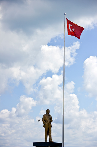 Kırklareli, Turkey - July 9, 2020: Atatürk statue on the square near iğneada made by city hall at summer in iğneada kırklareli where a river joins the Black Sea on the northern coast of Turkey.