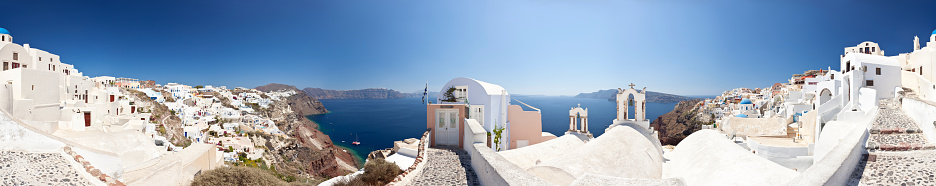 Panorama of the village Oia in Santorini, Greece. View into the caldera.