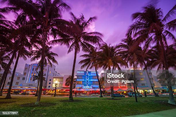 Ocean Drive By The Beach In Miami Stock Photo - Download Image Now - Miami, Florida - US State, Night