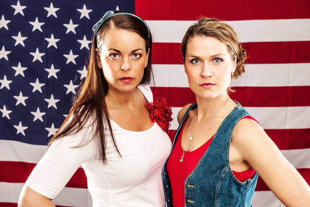 istock Serious women infront of an american flag 155378888