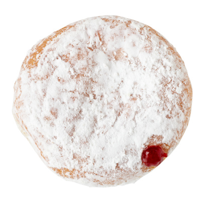 Jelly doughnut isolated on white background.  Larger files include clipping path. Professionally shot, color corrected, exported 16 bit depth, retouched and saved for maximum image quality.