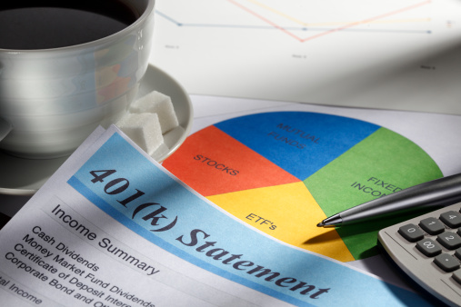 Close up of a 401(k) statement. The statement is surrounded by a cup of coffee, a pie chart of personal finances, a calculator and a pen with a soft focus on a graph in the background.  This image portrays the process of calculating personal finances and planning for retirement. 