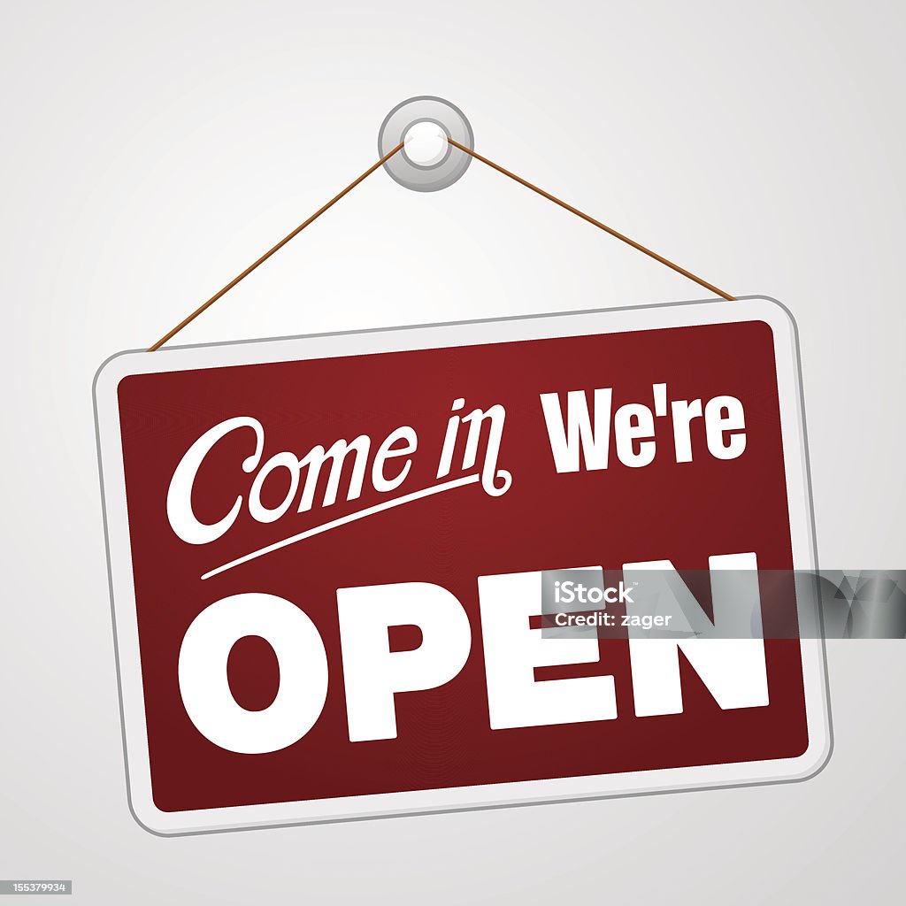 We are Open Sign Illustration of red sign with information welcoming shop visitors. EPS version 10 with transparency and AI CS5 included in download. Open Sign stock vector