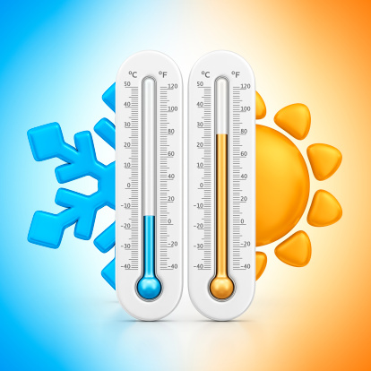 two thermometers and symbols of winter and summer.