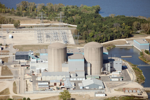 An aerial view of the Prairie Island Nuclear Power Plant, near Red Wing, Minnesota along the Mississippi River. The two pressurized water reactors produce approximately 1,100 megawatts. Shot from the open window of a small airplane. http://www.banksphotos.com/LightboxBanners/Aerial.jpg
