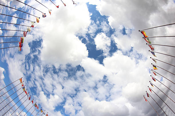international flags on a background of clouds - fisheye