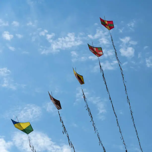 Photo of Colorful handmade paper kites or Pipas (Brazil) flying in the blue sky with white clouds. Peruibe, Brazil.