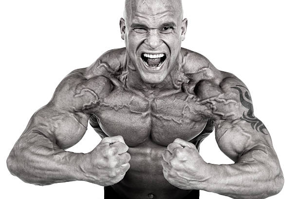 Bodybuilder posing Bodybuilder posing-isolated on white background man muscular chest stock pictures, royalty-free photos & images