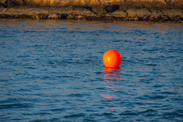 Red bouy floating in the sea in sunset light.