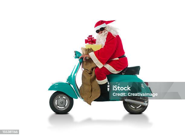 Santa Claus Riding On A Moto Stock Photo - Download Image Now - Santa Claus, Bicycle, Humor