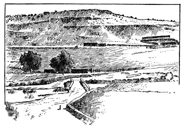 Rio Pecos River in the San Jose Valley of New Mexico, United States - 19th Century Rio Pecos river in the San Jose Valley of New Mexico, USA. Vintage etching circa 19th century. new mexico landscape stock illustrations