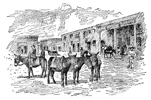 Santa Fe Plaza in Santa Fe, New Mexico, USA. Vintage etching circa 19th century.