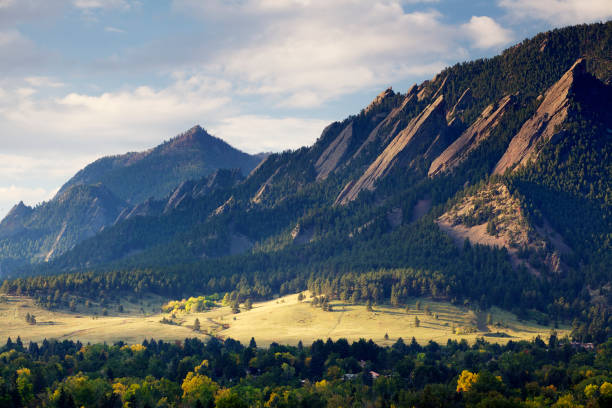 Boulder Colorado Flatirons in Fall stock photo