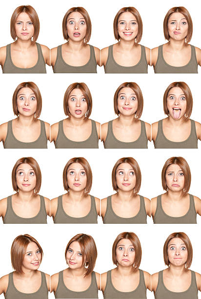 若い女の子作るフェイシャルエクスプレッションズ - facial expression women sadness multiple image ストックフォトと画像