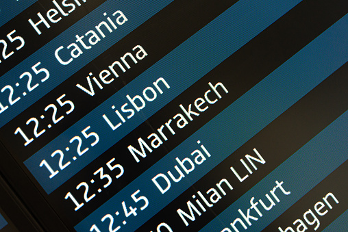 Closeup of timetable at airport, Berlin Schönefeld