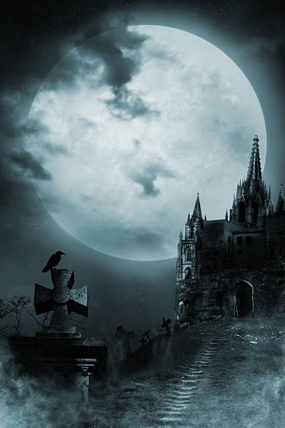 old castle - cemetery halloween moon spooky - fotografias e filmes do acervo